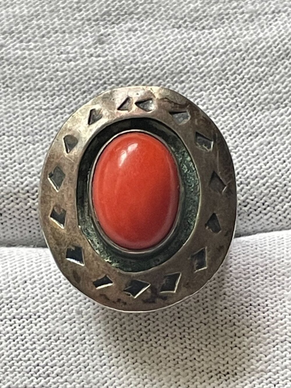 Vintage Signed Danny Y Navajo Sterling Silver 1.00" Red Coral Shadowbox Ring Sz